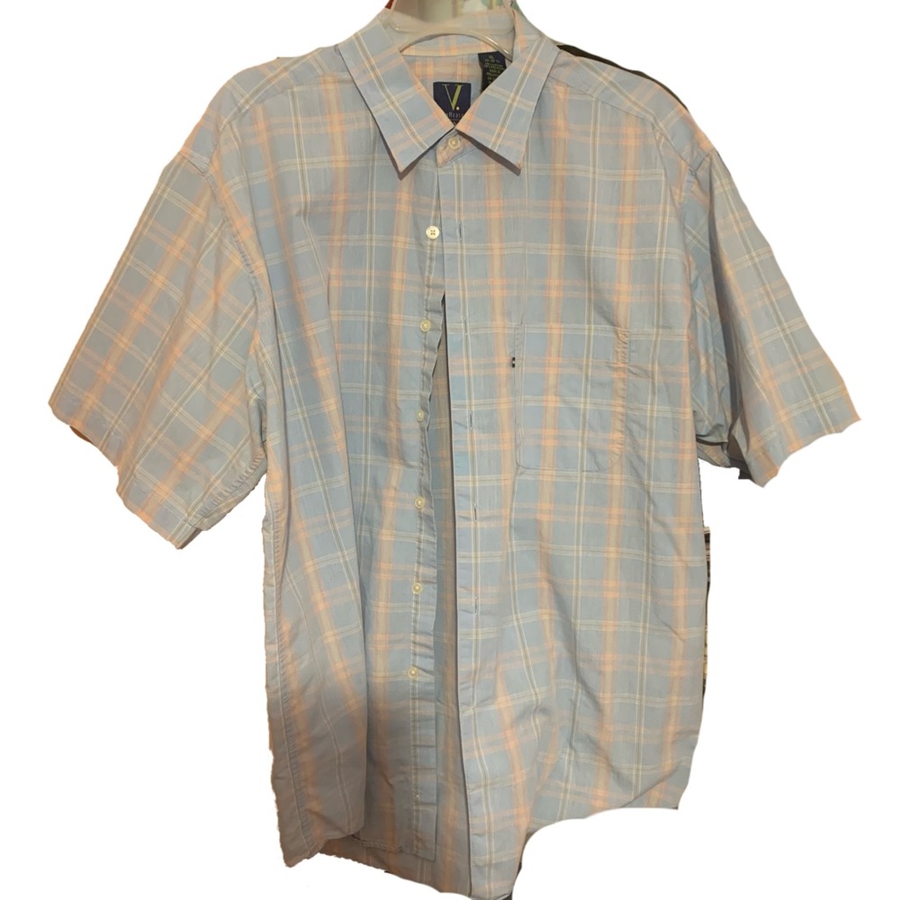 Van Heusen Short Sleeved Button Down Plaid Blue Pink and Yellow